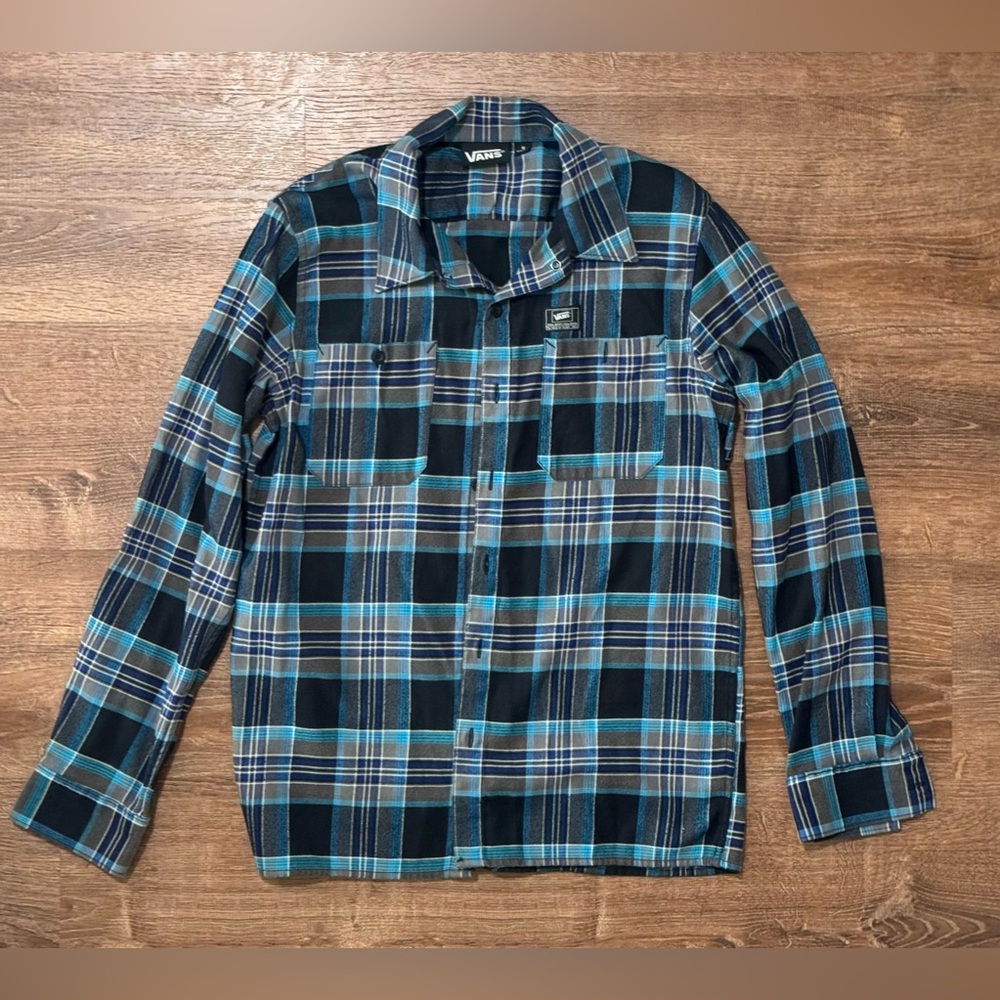 Vans Black, Blue, Gray Plaid Long Sleeve Button Down Shirt Size Small